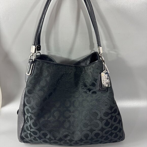 COACH # 25637 Signature Op Art Sateen Phoebe Shoulder Handbag Purse Black - Picture 1 of 15